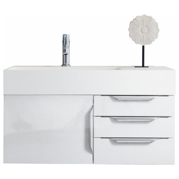 36 Inch White Floating Bathroom Vanity, Glossy White Top, Modern, With Outlets