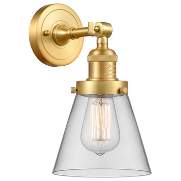 Small Cone 1 Light Sconce, Satin Gold, Clear