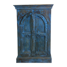 Mogul Interior - Consigned Antique Double Door Distressed Blue Side Table, Nightstand, Cabinet - Accent Chests And Cabinets