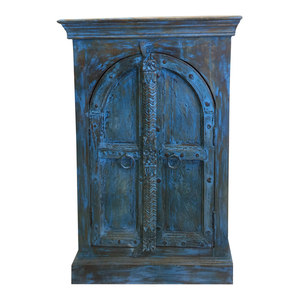 Mogul Interior - Consigned Antique Double Door Distressed Blue Side Table, Nightstand, Cabinet - Accent Chests And Cabinets