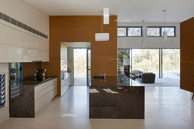 Design ideas for a large contemporary galley kitchen in Brisbane with an undermount sink, white cabinets, stainless steel appliances, granite benchtops, metallic splashback, mirror splashback and limestone floors.