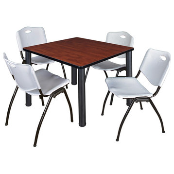 Kee 36 Square Breakroom Table- Cherry/ Black & 4 'M' Stack Chairs- Grey