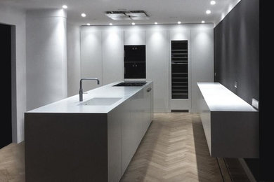 Inspiration for a modern enclosed kitchen remodel in Other with an island