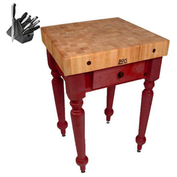 John Boos CUCR04 30x24 Rustica Table & Henckels Knife Set, Barn Red, No Shelf