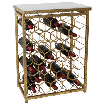 Luxe Gold Metal White Marble Wine Table Storage Rack 32 Bottle Bar Accent