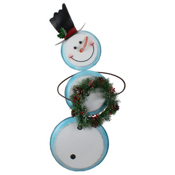 36" White and Blue Metal Snowman with Wreath Christmas Floor Decoration