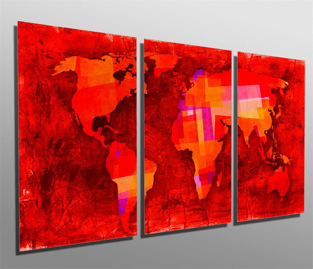 Dark Red World Map, HD Metal Print Wall Art, 3 Panel Split, Triptych ...