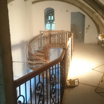 Oak and wrought iron Spiral Staircase in a converted Victorian chapel