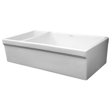 Farmhaus Fireclay Quatro Alcove Large Reversible Sink and Small Bowl With Decora