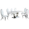Silver Stainless Steel 7 Piece Dining Set with Marble Table and White Chairs