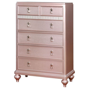 5 Drawers Wooden Chest With Mirror Trim, Rose Gold