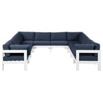 Meridian Furniture - Nizuc Water Resistant Patio U-Shaped Modular Sectional, Navy, 10-Piece: 6 Armless Chair, 4 Corner Chair, White Aluminum Frame - Pick and choose your favorites from the Nizuc collection to create a modular seating group the whole gang will enjoy. The sturdy aluminum frame provides dependable support for friends and family as they relax and unwind, and the resilient navy water resistant fabric stands up to the elements without losing its beautiful demeanor, so you can count on it lasting for the long haul. Latches beneath these seating pieces help you easily attach them to one another for convenient setup.