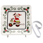 Cosmos Gifts Corp - Santa on Scooter Plate With Candy Cane Cookie Cutter - Decorate a console or kitchen shelf with the charming Santa on Scooter Plate. Made from hand-painted ceramic in red, green, white, this decorative plate is festive and fun. The set also includes a candy cane cookie cutter. Hand wash only.