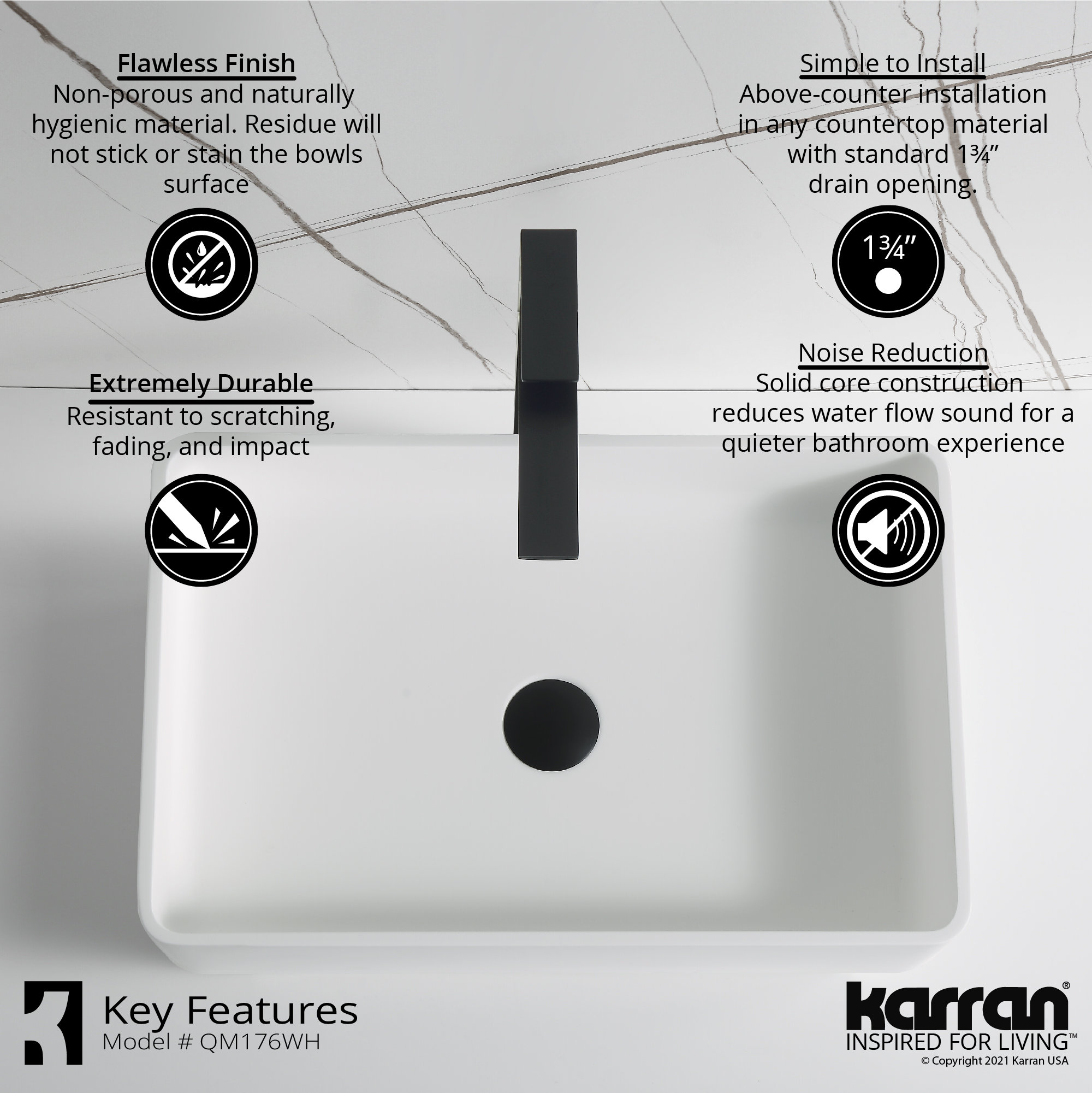 Karran White Acrylic 21" Rectangular Vessel Sink and Faucet Kit, Stainless Steel