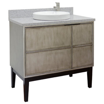 37" Single Vanity, Linen Brown Finish With Gray Granite Top And Round Sink
