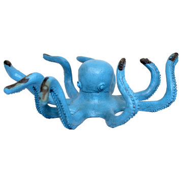 Blue Octopus Tabletop Figurine Painted Cast Iron 6.5 Inches