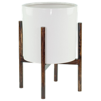 Ceramic Planter Large Cylinder Pot 13" White With Plant Stand Set Dark Walnut