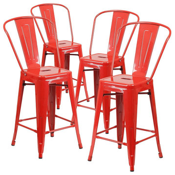 Set of 4 Counter Stool, Metal Seat With Drain Holes & Curved Backrest, Red