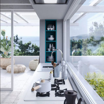 Modern white and light wood kitchen with wood table top