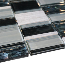 White, Black and Blue Random Brick Rectangle Pattern Glass Mosaic Tiles - Home Decor