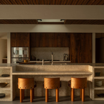 Hollywood Hills Mid-Century Kitchen with Wood Cabinetry and Stone Island