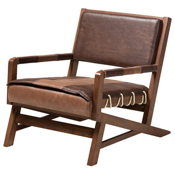 Leigh Rustic Brown Faux Leather Walnut Finish Lounge Chair
