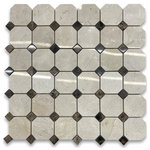 Stone Center Online - Crema Marfil Marble 2 inch Octagon Mosaic Tile Emperador Dots Polished, 1 sheet - Crema Marfil Marble 2" octagon pieces and Emperador Dark dots mounted on 12x12" sturdy mesh tile sheet