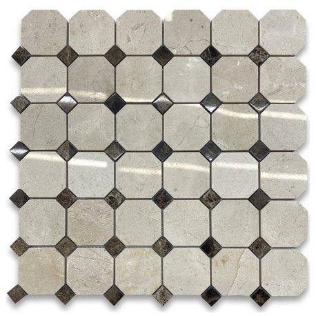 Crema Marfil Marble 2 inch Octagon Mosaic Tile Emperador Dots Polished, 1 sheet