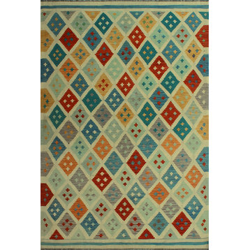 Hand-Woven Sangat Kilim Franches Ivory/Gold Rug, 6'4x9'6