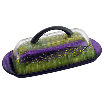 Hand Painted Glass Butter Dish, Purple
