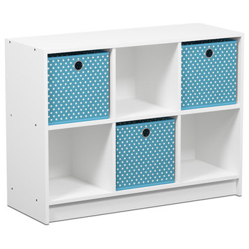 Furinno Basic 3"x2" Bookcase Storage With Bins, White/Light Blue, 99940WH/LBL