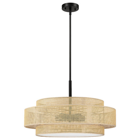 24" W 5-Light Black Coastal Drum Chandelier With Double Rattan Shade