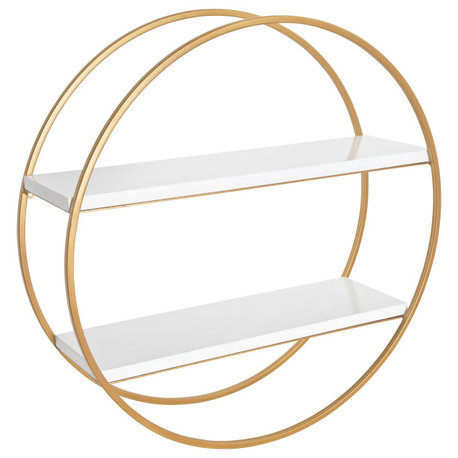 Sequoia Wood and Metal Round Wall Shelf, White/Gold 24 Diameter