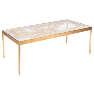 Contemporary Coffee Table, Gold Metal Frame & Glass Top With Unique Leaf Accent
