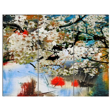 "Spring Motif With Small White Flowers" Metal Art, 3 Panels, 36"x28"