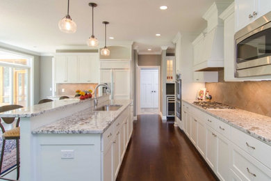 Transitional galley dark wood floor eat-in kitchen photo in Minneapolis with a single-bowl sink, shaker cabinets, white cabinets, granite countertops, beige backsplash, stainless steel appliances and an island