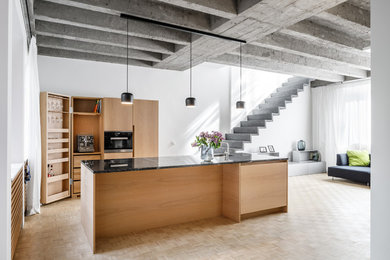This is an example of a contemporary kitchen in Cologne with light hardwood floors.