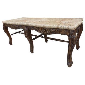 Bench French Country Farmhouse Wood Pecan Floral Carving Hand Woven
