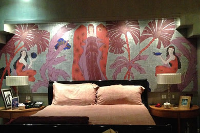 Example of a mid-sized minimalist master medium tone wood floor and green floor bedroom design in Los Angeles with green walls and no fireplace