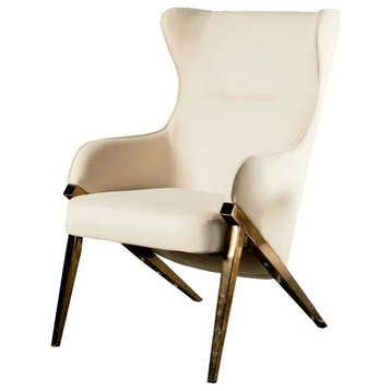 Unique Accent Chair, Bronze Finished Legs and Padded Micro Leatherette Seat, Cream