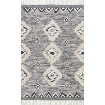 nuLOOM Hand Woven Wool Savannah Moroccan Fringe Area Rug, Gray, 9'6"x13'6"