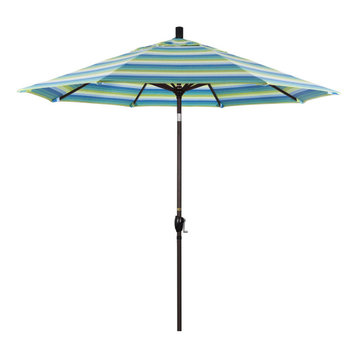 9' Bronze Push-Button Tilt Crank Aluminum Umbrella, Seville Seaside Sunbrella