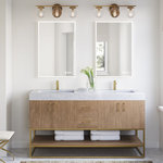 MOD - Bahia Bath Vanity, Oak, 60", Brushed Gold Hardware, Double, Freestanding - The luxurious Bahia Vanity draws on multiple materials to exude a contemporary, refreshing feel. Constructed with built-in legs, concealed hinges and adorned with stylish hardware, your bathroom will feel part of the new age while preserving the natural warmth of vintage designs. Keep things tidy and hidden with the soft-close drawers and cabinets, and display it your way across the beautiful, thick natural stone countertop and lower tray.