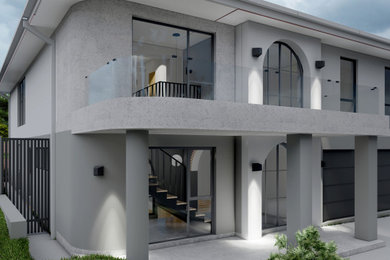 Diseño de fachada de casa negra contemporánea de tamaño medio de dos plantas con revestimiento de ladrillo, tejado a cuatro aguas y tejado de teja de barro