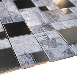 Pebble Stone Marble with Grey Metallic Square Glass Mosaic Tiles - Home Accessories & Decor