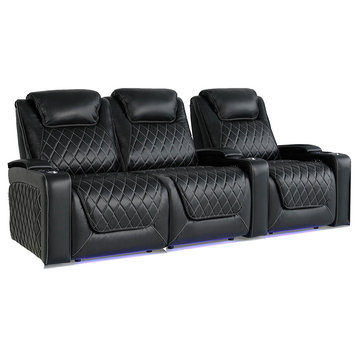 Valencia Oslo XL Top Grain Leather Home Theater Seating Power Headrest & Lumbar, Midnight Black, Row of 3 Loveseat Left