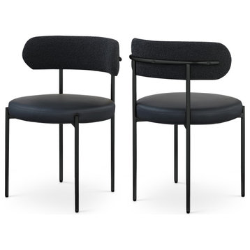 Beacon Boucle Fabric Dining Chair, Set of 2, Black, Vegan Leather and Boucle Fabric, Matte Black Finish