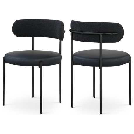 Beacon Dining Chair, Set of 2, Black, Vegan Leather and Boucle Fabric, Matte Black Finish