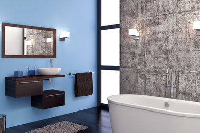 This is an example of a modern bathroom in Sydney with blue walls and black floor.