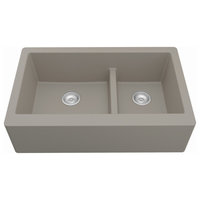 Karran Farmhouse/Apron-Front Quartz 34" Double Offset Bowl Sink, Concrete